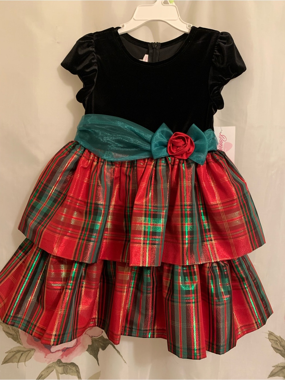 Bonnie Jean Black Velvet & Red Plaid Holiday Dress with Teal Sash